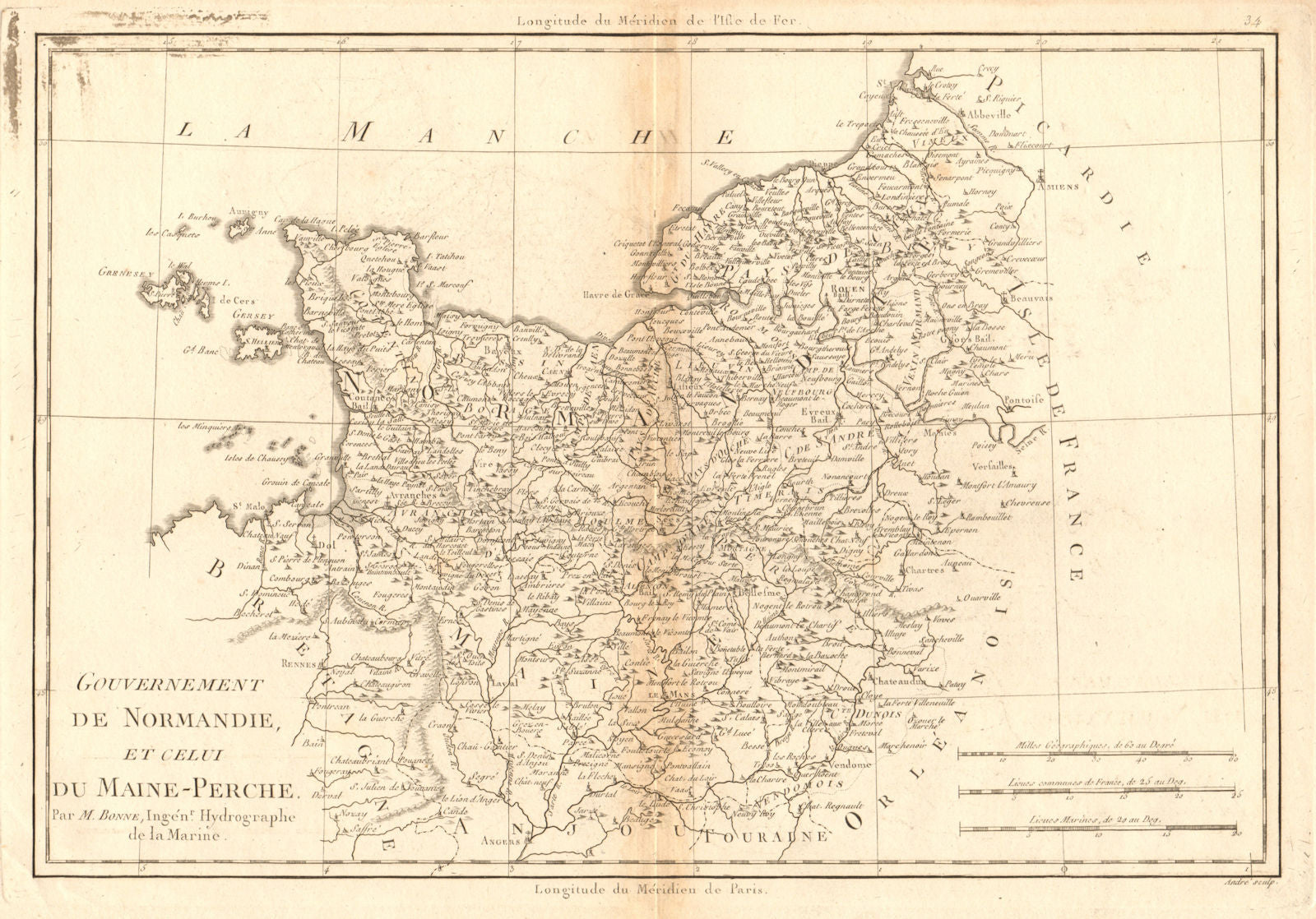 Gouvernement de Normandie et du Maine-Perche. Normandy. BONNE 1787 old map